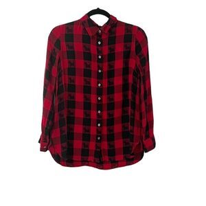 Talbots Red & Black Buffalo Scottie Dog Plaid Button Down Shirt Size MP